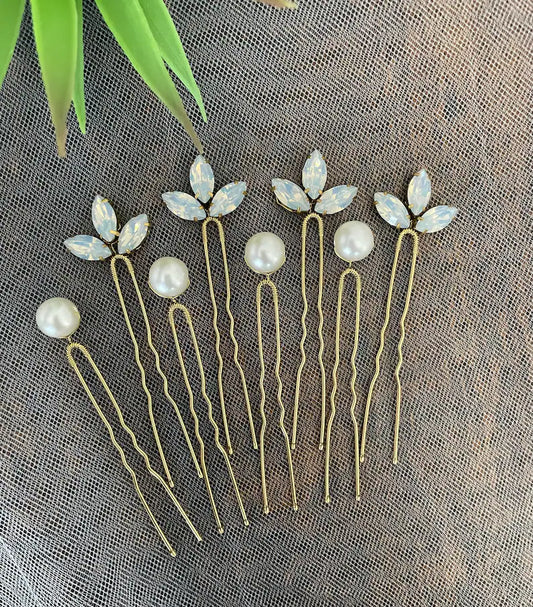 Opal Crystal pearls Wedding Hair Pins set of 8 pins